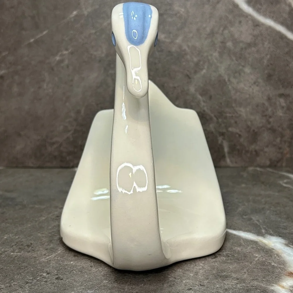 Vintage Ceramic Swan hand towel holder White Blue Hand Painted Pottery